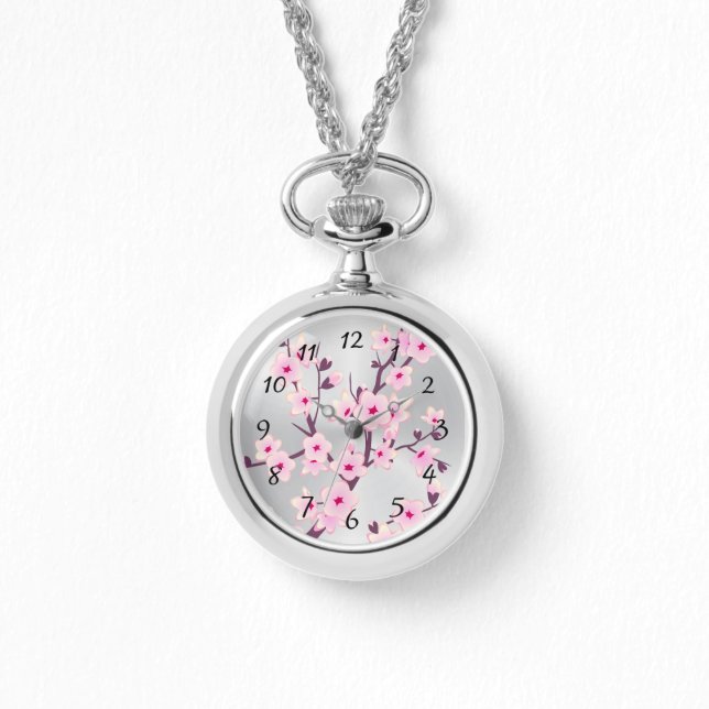 Montre Fleurs florales de cerisiers Nombre d'argent rose (Recto)