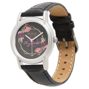 Montre Fleurs noires d'anniversaire géométrique bordeaux