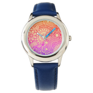 Montre Fleurs orange violet et fond pêche doux