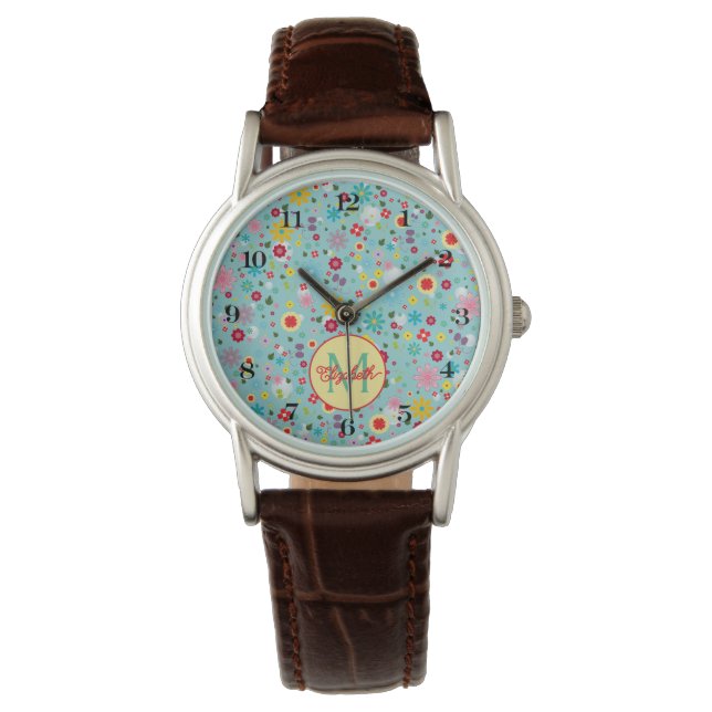 Montre Fleurs roses et rouges sur Monogramme Turquoise (devant)