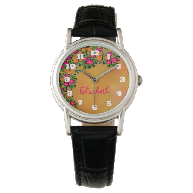 Montre Fleurs sauvages roses et orange personnalisés (devant)