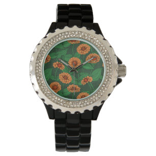 Montre Fleurs Zinnia orange, feuilles verts sur vert fonc