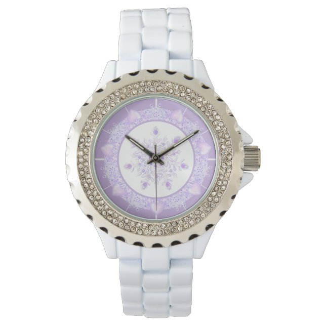 Montre flocon de neige violet clair et coeur étincelant (devant)