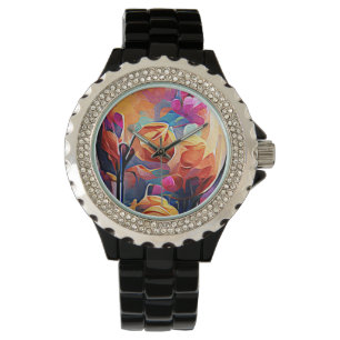 Montre Floral Abstract Art Orange Red Blue Flowers