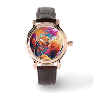 Montre Floral Abstract Art Orange Red Blue Flowers