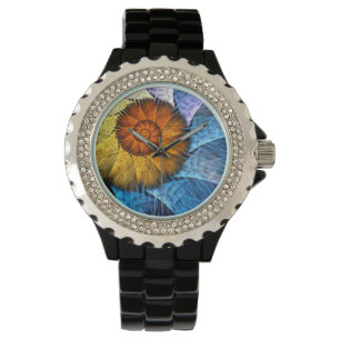 Montre Floral Orange Bleu Jaune Art Abstrait