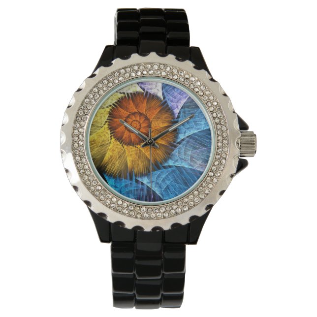 Montre Floral Orange Bleu Jaune Art Abstrait (devant)