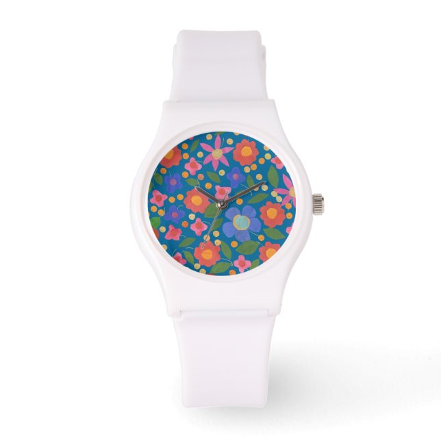 Montre Flore style art populaire sur Blue Sporty Wristwat (Recto)