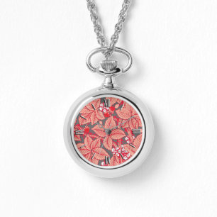 Montre Fraises et Feuilles Art Nouveau, Coral Orange