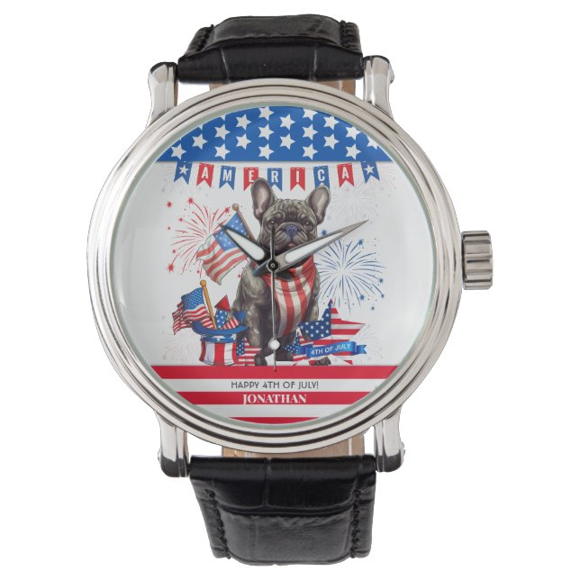 Montre French Bulldog Happy 4 juillet Amérique patriotiqu (devant)