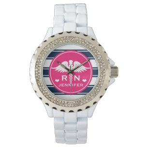 Montre Fuchsia et Navy Stripe Caduceus RN Nurse