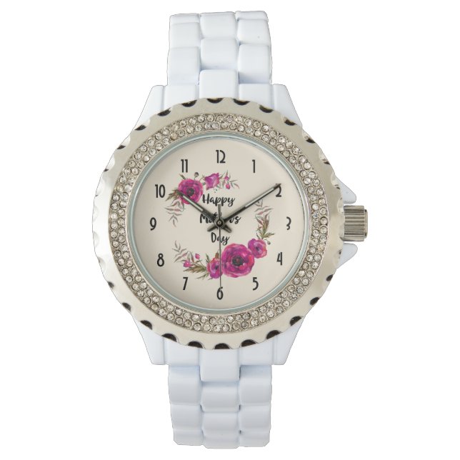 Montre Fuchsia Poppies Floral Wreath Bonne fête des mères (devant)