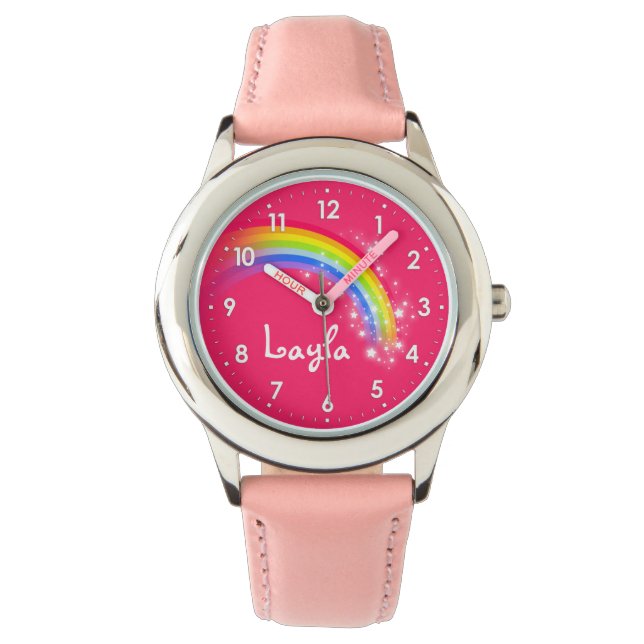 Montre Fun filles arc-en-ciel rouge rose nom poignet mont (devant)