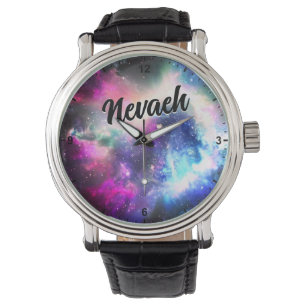 Montre Galaxy superbe Nebula violet bleu Nom personnalisé