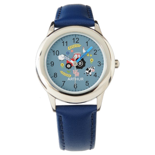 Montre Garçons adorable ferme animal et tracteur & nom En (devant)