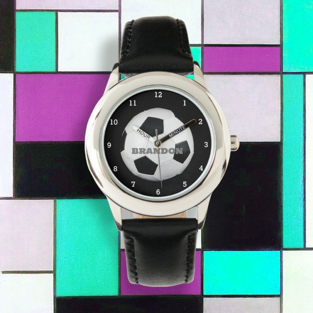 Montre Garçons balle de football noir élégant Nom personn (Créateur téléchargé)