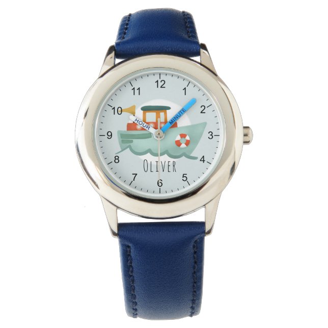 Montre Garçons Bleu Bleu Nautique Océan Bateau Enfants (devant)