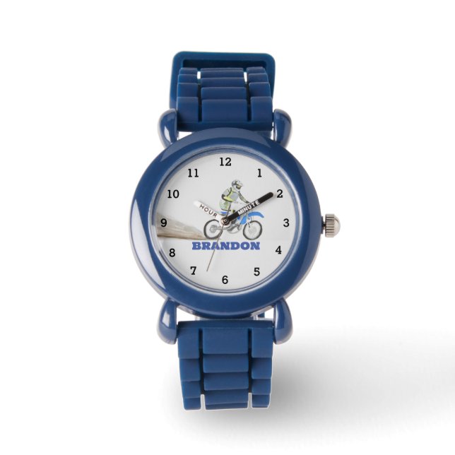 Montre Garçons Cool Moto bleu élégant Nom personnalisé En (Recto)