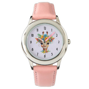 Montre Giraffe mignonne à couronne florale