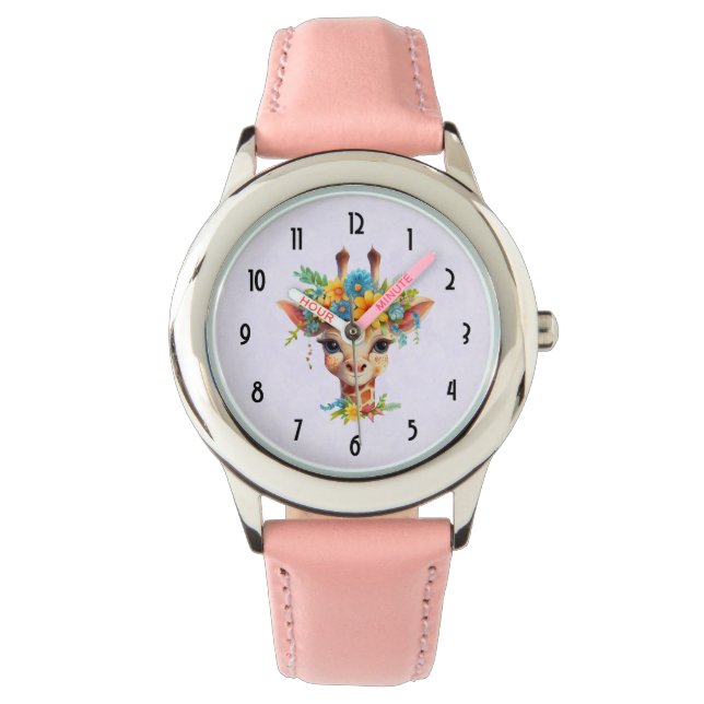 Montre Giraffe mignonne à couronne florale (devant)