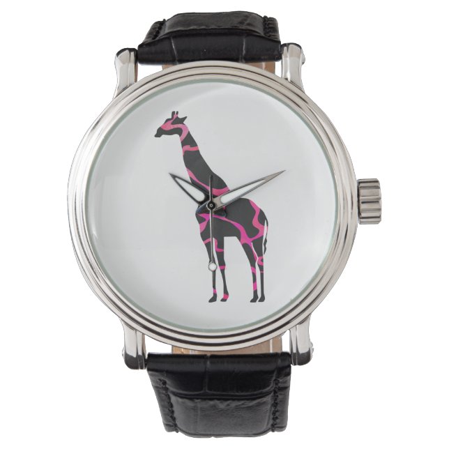 Montre Giraffe Rose chaud et Silhouette noire (devant)