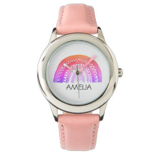 Montre Girls Cute Boho Aquarelle Arc-en-ciel et nom