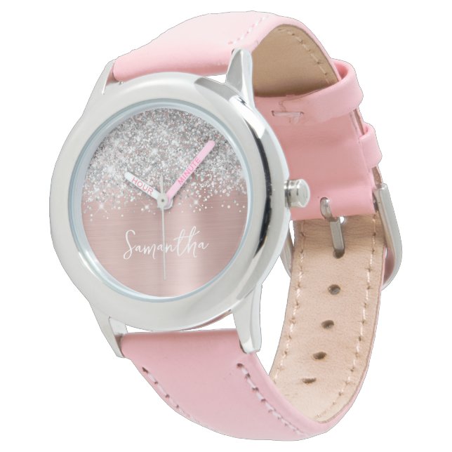Montre Glitter Silver Blush Pink Glam Nom blanc (Incliné)