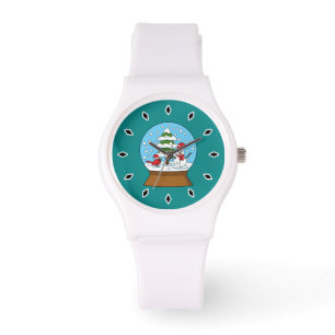 Montre Globe de neige avec le cardinal Snowman et Pine Tr