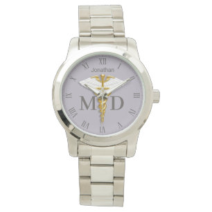 Montre Gold Caduceus White Wings Nom Docteur Médicale MD