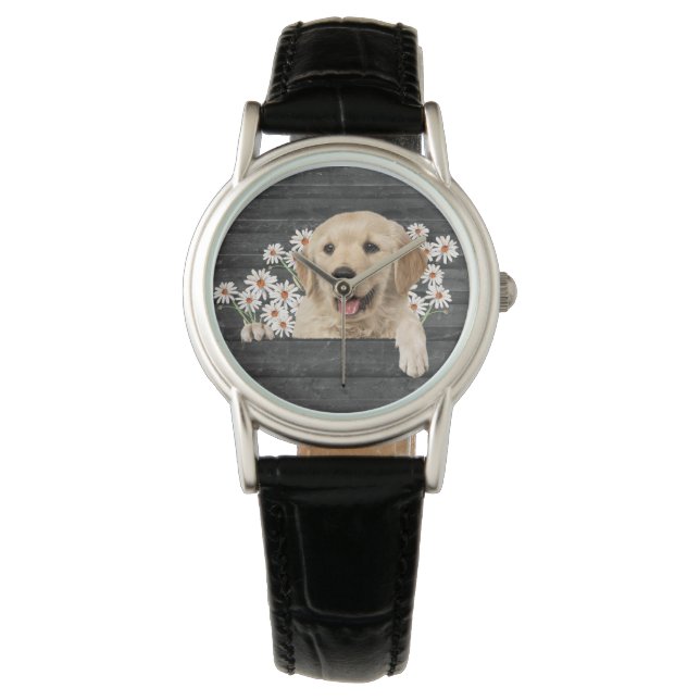 Montre Golden Retriever avec marguerites sur bois (devant)