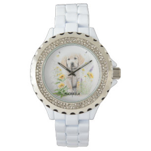 Montre Golden Retriever Puppy et fleurons nom monogramme