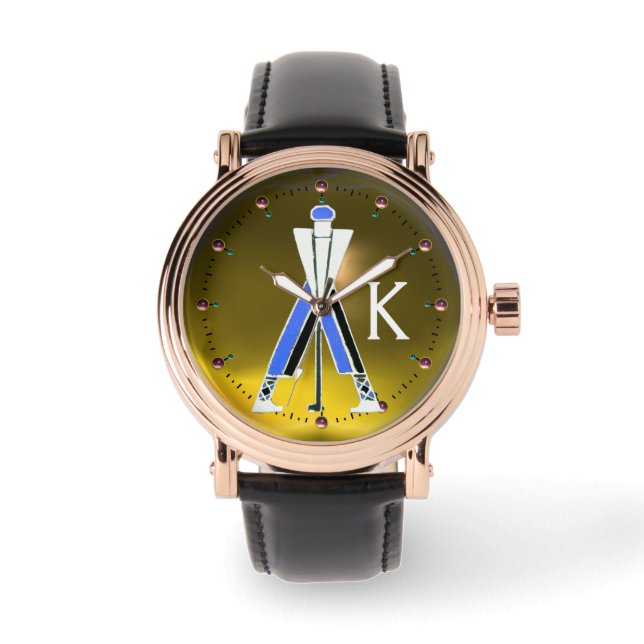MONTRE GOLFER BLEU JAUNE STYLISÉ, MONOGRAMME DE JOUEUR DE (Recto)