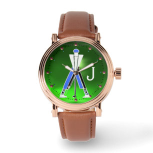 MONTRE GOLFER BLEU VERT STYLISÉ, MONOGRAMME DE JOUEUR DE 