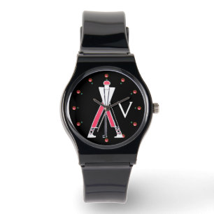 MONTRE GOLFER ROUGE STYLISÉ, MONOGRAMME DE JOUEUR DE GOLF