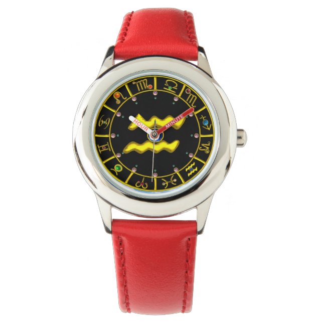MONTRE GRAPHIQUE D'AQUARIUS D'OR ET SIGNES ZODIAQUES, PIE (devant)
