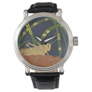 Montre Grasshopper en Grass vert sur Arrière - plan bleu