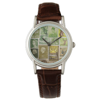 Montre Green Brown Watch, Postage Timbre collage Art