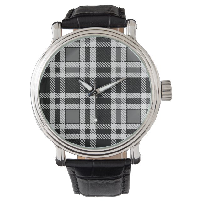 Montre Gris Noir Blanc Flanné Plaid Tartan Design (devant)