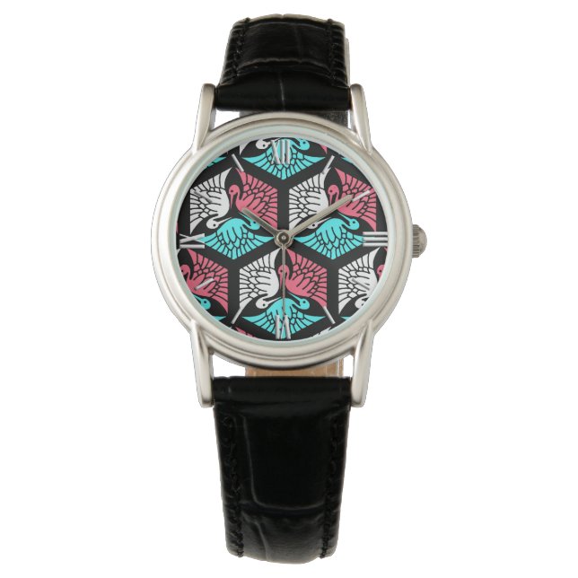 Montre Grues japonaises, corail, turquoise et noir (devant)