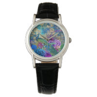 Montre grunge illustrée de paon et de fleurs antiq
