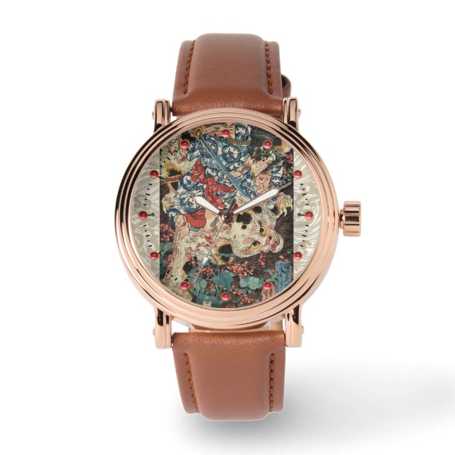 Montre GUERRIÈRE JAPONAISE TUANT UN CHAT MONSTREUX Ukiyoe (Recto)