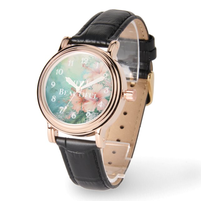 Montre Hibiscus blanc de pêche tropicale Floral (Angle)