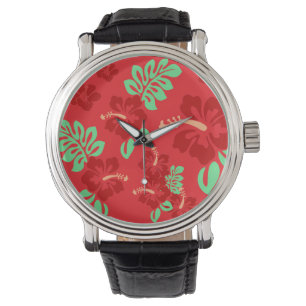 Montre Hibiscus tropical rouge et vert