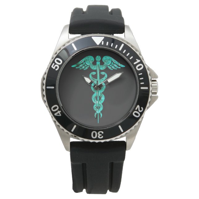 Montre Homme Infirmière Noir Turquoise Caduceus Watch (devant)