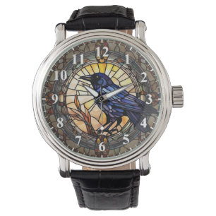 Montre Horloge d'oiseau en verre de Corbeau noir