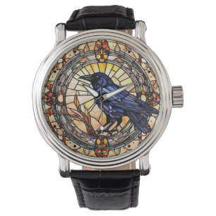 Montre Horloge d'oiseau en verre de Corbeau noir