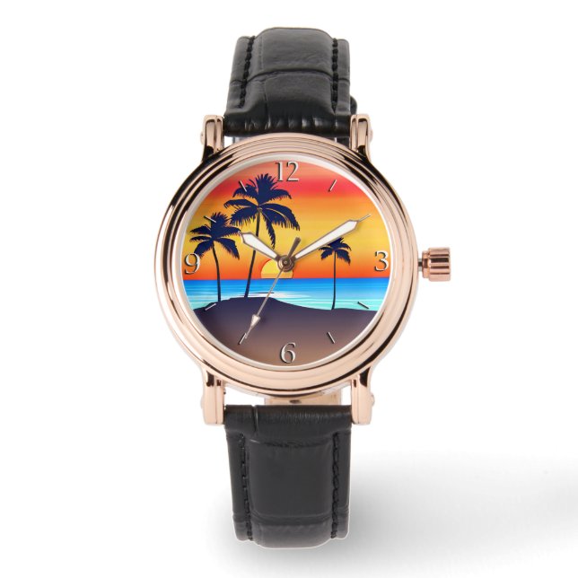 Montre Île tropicale au coucher du soleil avec palmiers (Recto)