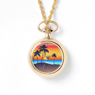 Montre Île tropicale au coucher du soleil avec palmiers