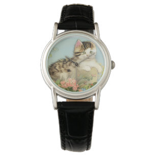 Montre Illustration de chat vintage avec des fleurs roses