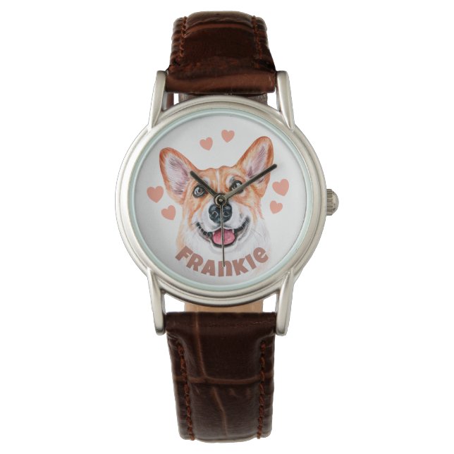 Montre Illustration de Chien Corgi avec Coeurs et Nom (devant)
